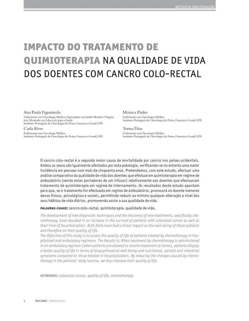 Impacto do tratamento de quimioterapia na qualidade de vida dos doentes com cancro colo-retal