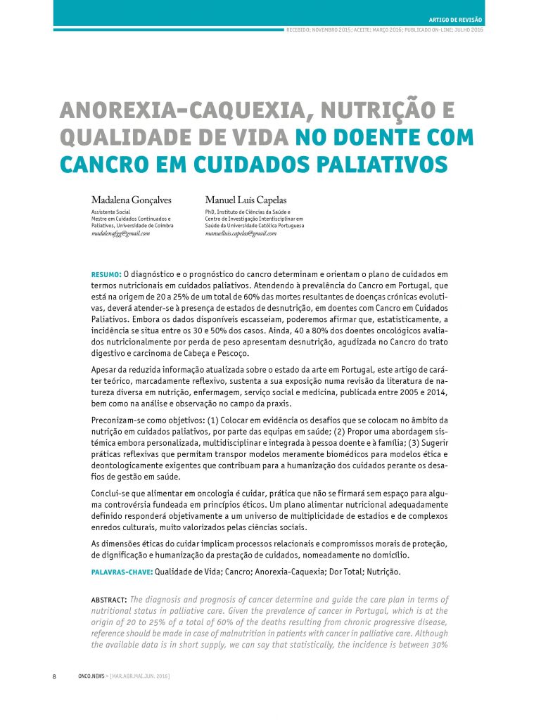 Anorexia-caquexia, nutrição e qualidade de vida no doente com cancro em cuidados paliativos