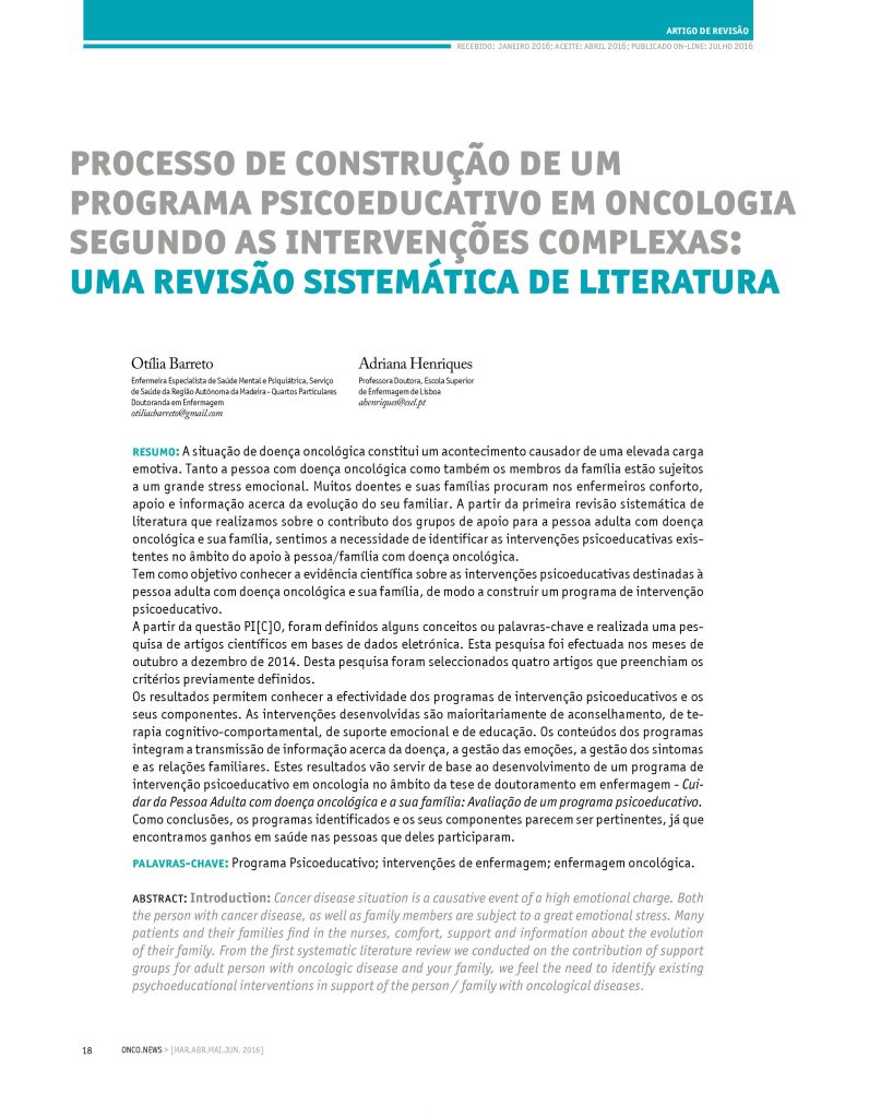 Processo de construção de um programa psicoeducativo em oncologia segundo as intervenções complexas: uma revisão sistemática de literatura
