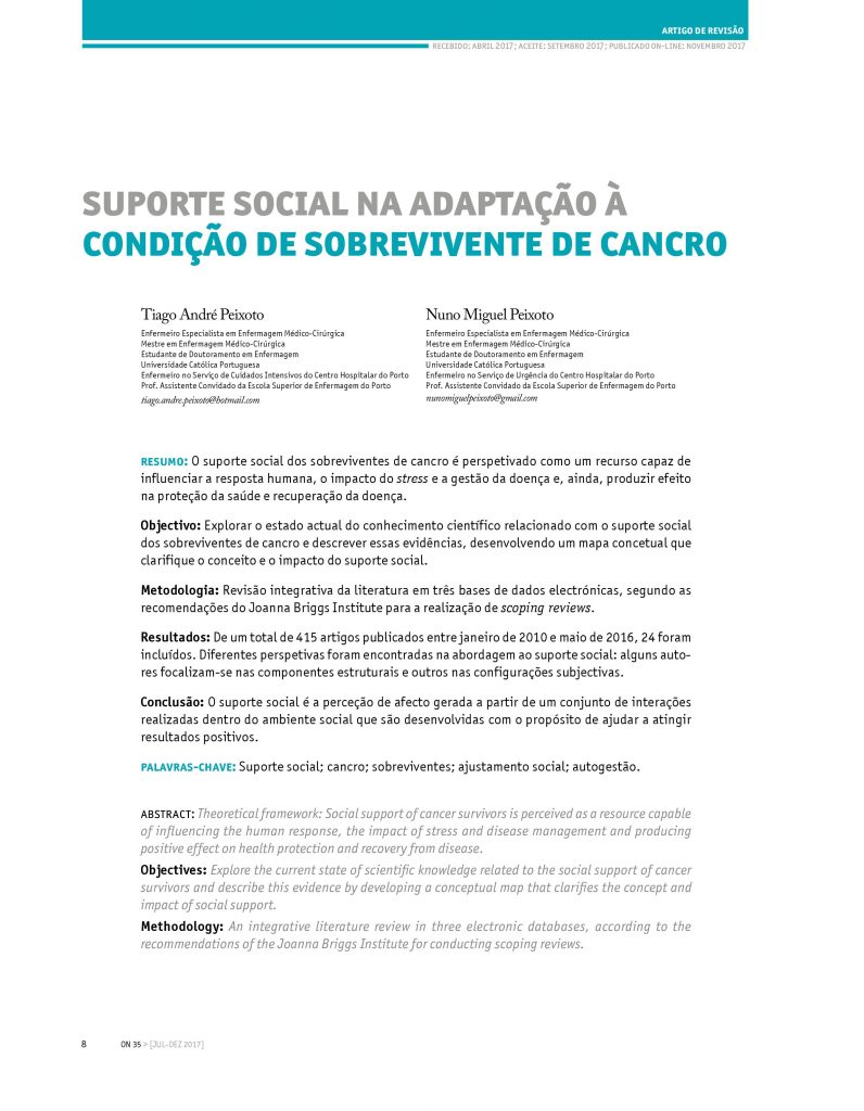 Suporte social na adaptação à condição de sobrevivente de cancro