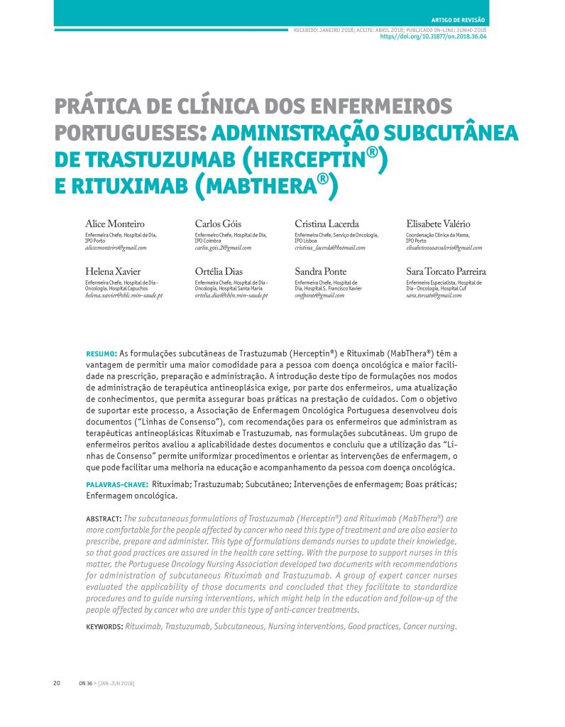 Prática de clínica dos enfermeiros portugueses: administração subcutânea de trastuzumab (herceptin®) e rituximab (mabthera®)