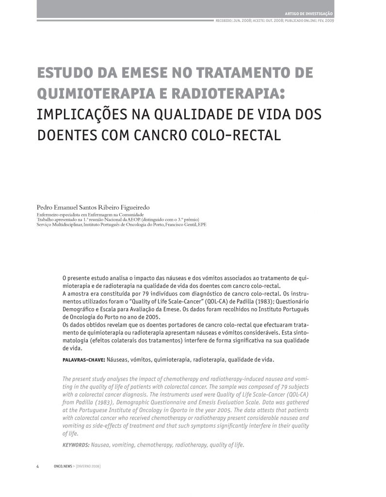 Estudo da EMESE no tratamento de quimioterapia e radioterapia: Implicações na qualidade de vida dos doentes com cancro colo-retal
