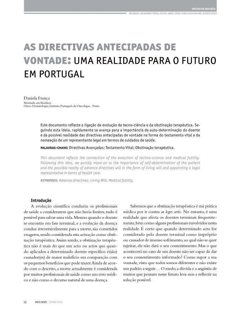As diretivas antecipadas de vontade: uma realidade para o futuro em Portugal