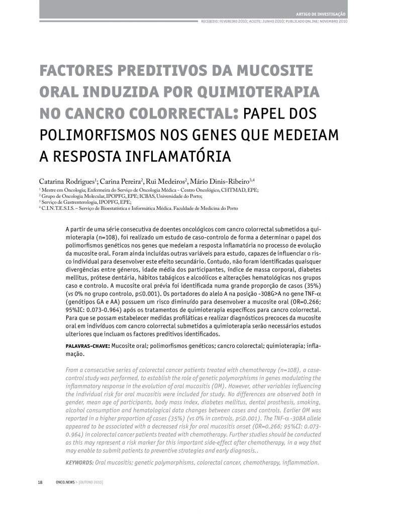 Factores preditivos da mucosite oral induzida por quimioterapia no cancro colo-retal: Papel dos polimorfismos nos genes que medeiam a resposta inflamatória