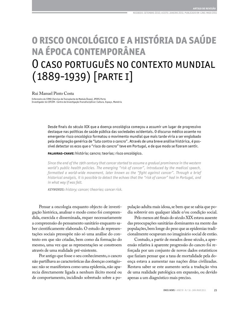 O risco oncológico e a história da saúde na época contemporânea: O caso português no contexto mundial (1889-1939) [parte I]