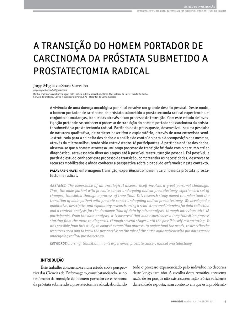 A transição do homem portador de carcinoma da próstata submetido a prostatectomia radical
