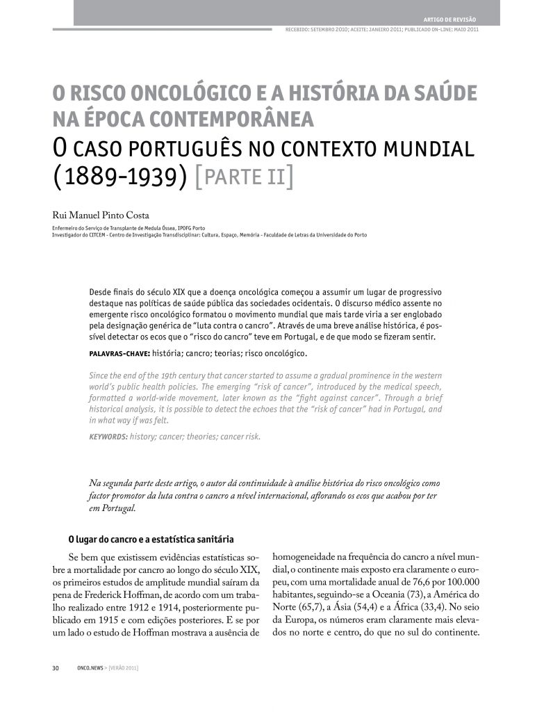 O risco oncológico e a história da saúde na época contemporânea: O caso português no contexto mundial (1889-1939) [parte II]