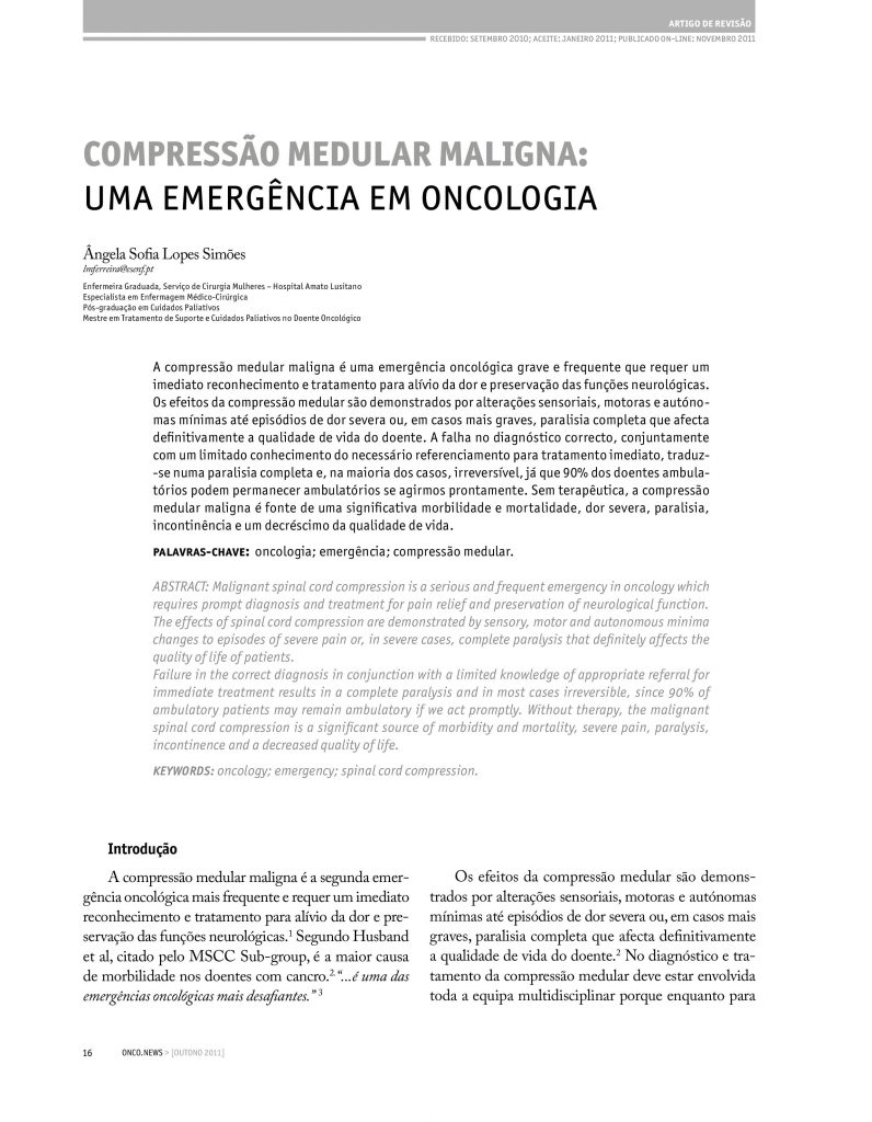 Compreensão Medular Maligna: Uma emergência em oncologia
