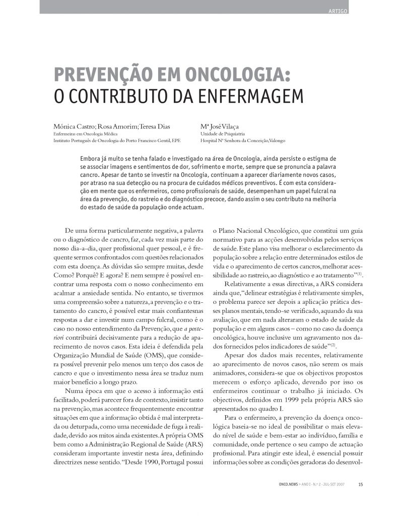 Prevenção em Oncologia: O contributo da enfermagem