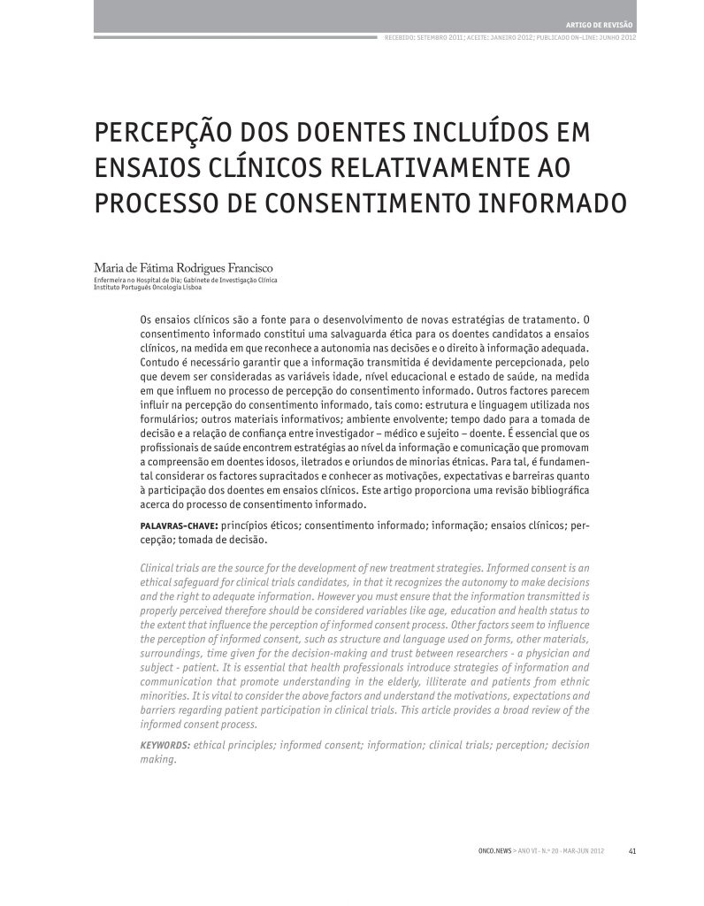 Perceção dos doentes incluídos em ensaios clínicos relativamente ao processo de consentimento informado