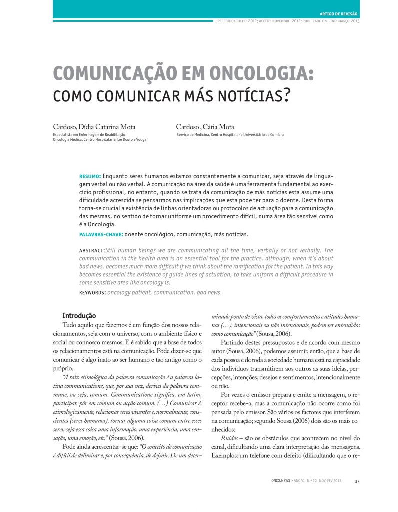 Comunicação em Oncologia: Como comunicar más notícias?