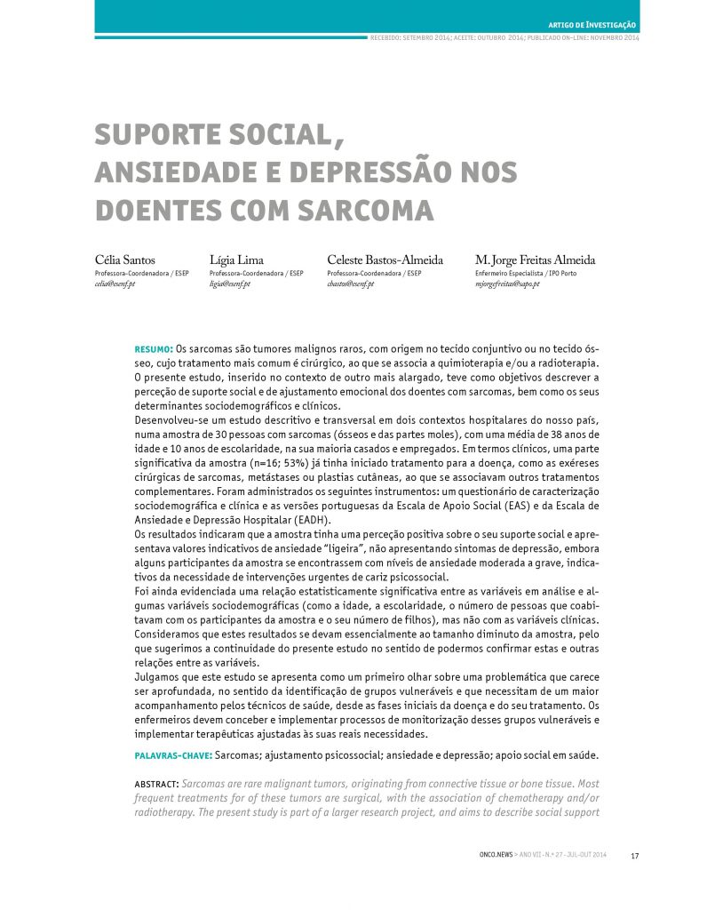 Suporte social, ansiedade e depressão nos doentes com Sarcoma
