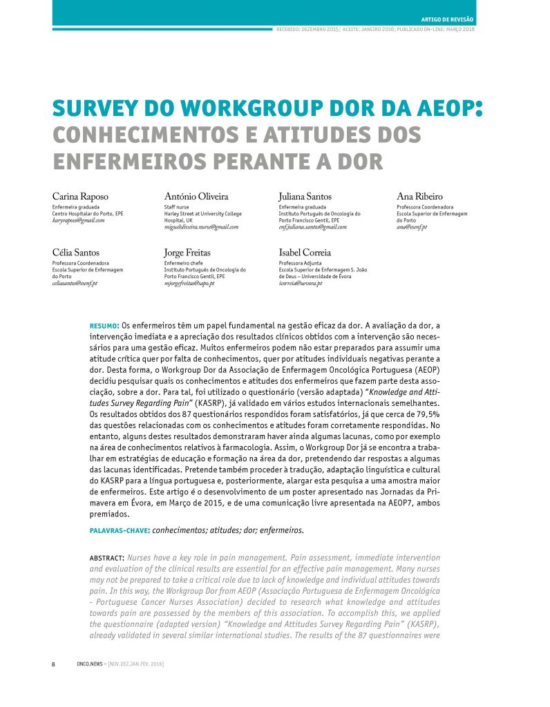 Survey do workgroup dor da aeop: conhecimentos e atitudes dos enfermeiros perante a dor