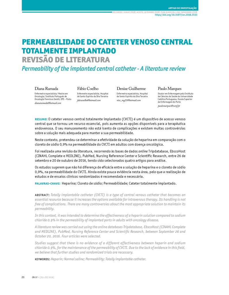 Permeabilidade do cateter venoso central totalmente implantado revisão de literatura