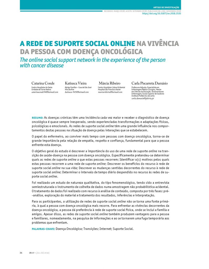 A rede de suporte social online na vivência da pessoa com doença oncológica