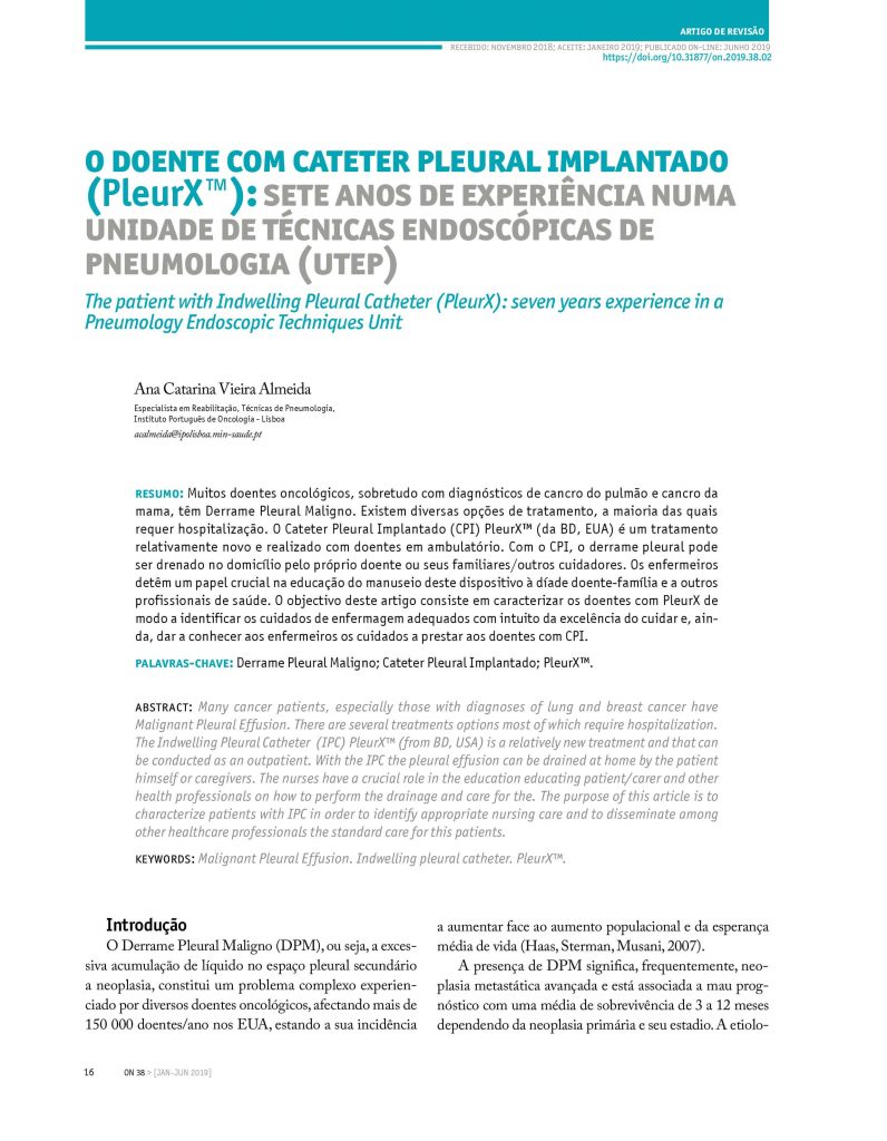 O doente com cateter pleural implantado (PleurX™): sete anos de experiência numa unidade de técnicas endoscópicas de pneumologia (UTEP)