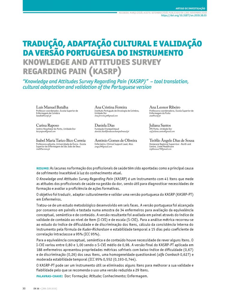Tradução, adaptação cultural e validação da versão portuguesa do instrumento Knowledge and Attitudes Survey Regarding Pain (KASRP)
