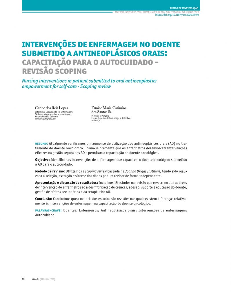 Intervenções de enfermagem no doente submetido a antineoplásicos orais: capacitação para o autocuidado - revisão scoping