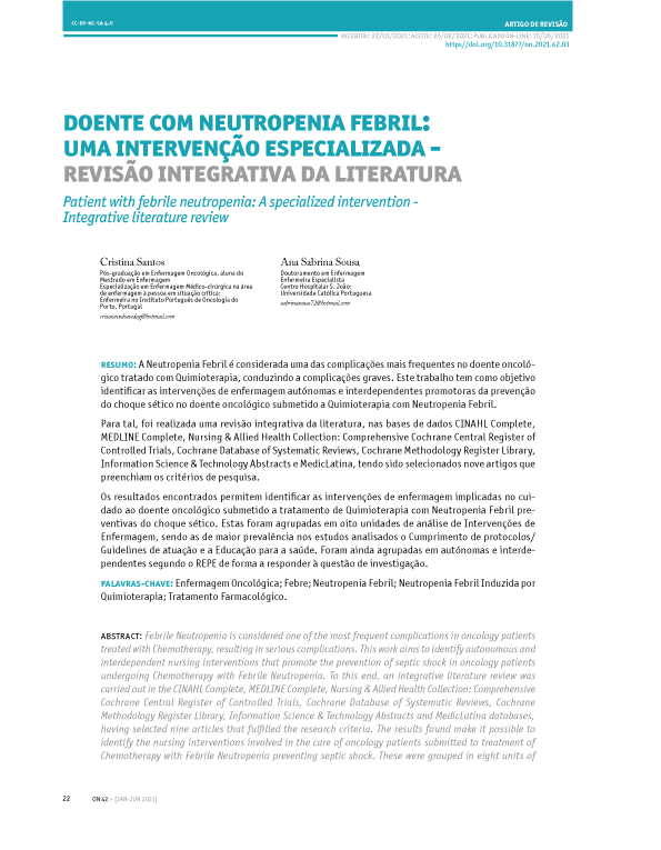 Doente com neutropenia febril: uma intervenção especializada - revisão integrativa da literatura