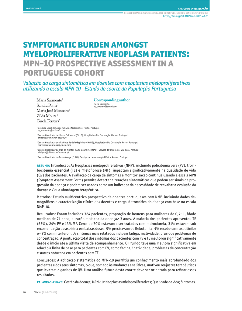 Valiação da carga sintomática em doentes com neoplasias mieloproliferativas utilizando a escala MPN-10 - Estudo de coorte da Pupulação Portuguesa