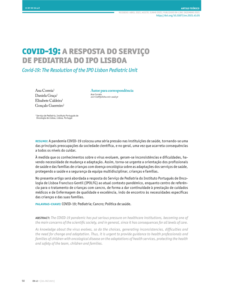 Covid-19: a resposta do serviço de pediatria do IPO Lisboa