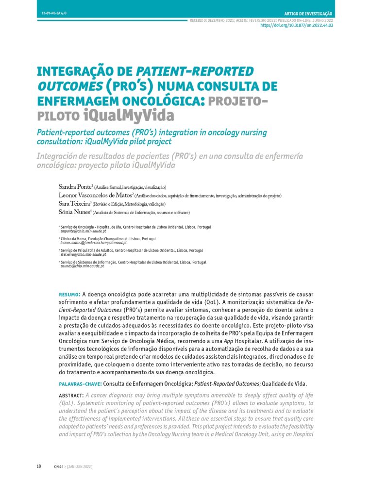 Integração de patient-reported outcomes (pro’s) numa consulta de enfermagem oncológica: projetopiloto iQualMyVida